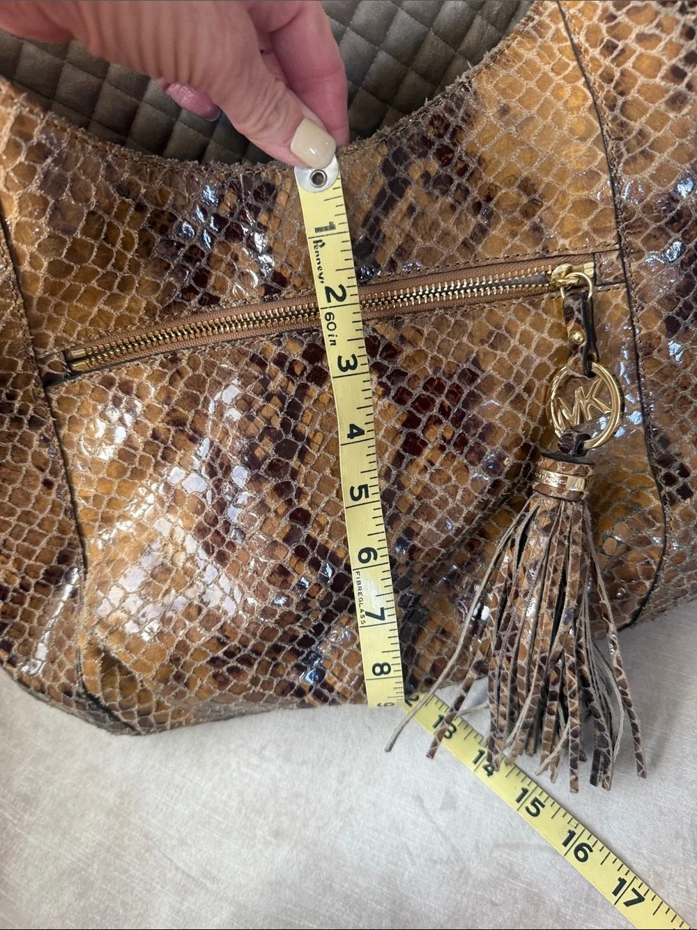 Michael Kors Brown and Tan Snake-Print Leather Hobo with Tassel Charm
